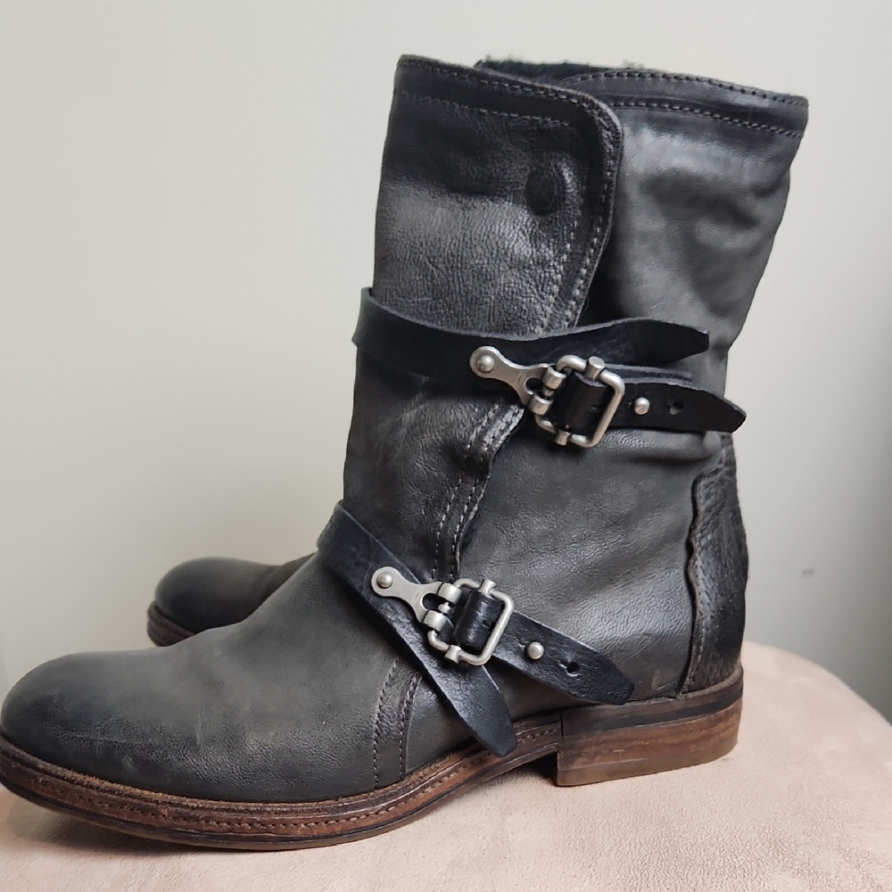 A.S.98 Gray Leather Combat Moto Boots with Black Straps